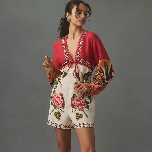NWT Farm Rio Long-Sleeve Romper Floral Anthropologie Size M Resort Vacation